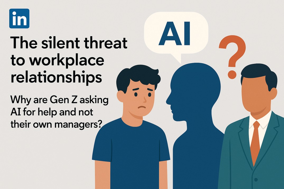 Illustration showing a Gen Z employee looking uncertain between a silhouette labeled “AI” and a manager in a suit with a question mark above his head, symbolizing the growing reliance on artificial intelligence over human managers in the workplace.