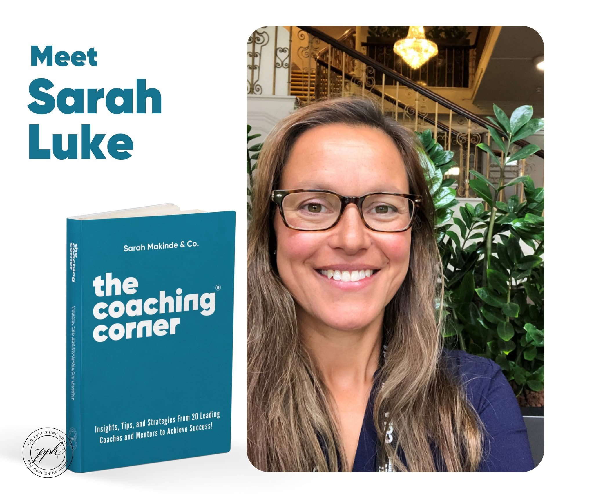 Headshot of Sarah Luke  wearing glasses and a blue dress with her book. The tile reads, Meet Sarah Luke.